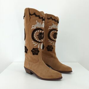 Free People 8 EU 38 Roundhouse Stitch Boots Tan Brown Western Suede Embroidered